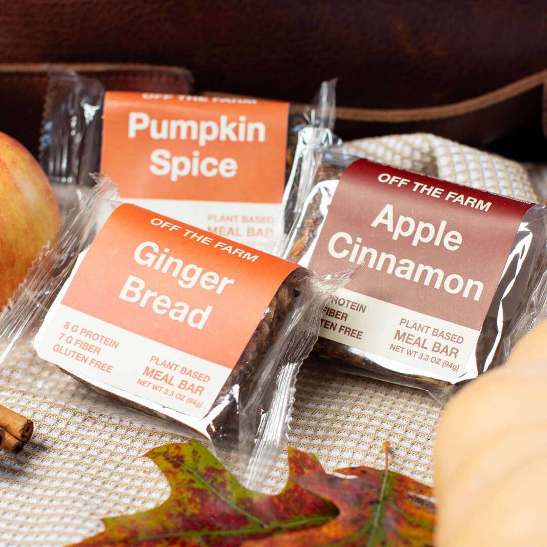Three plant-based meal bars with labels for Pumpkin Spice, Gingerbread, and Apple Cinnamon on a textured surface with autumn leaves.