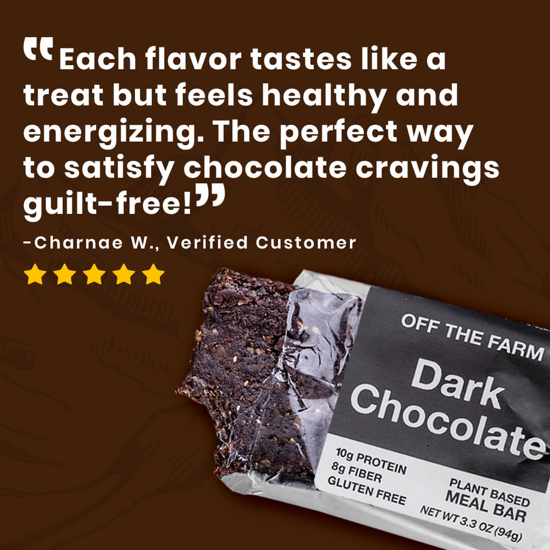 Dark chocolate meal bar with customer review on a brown background