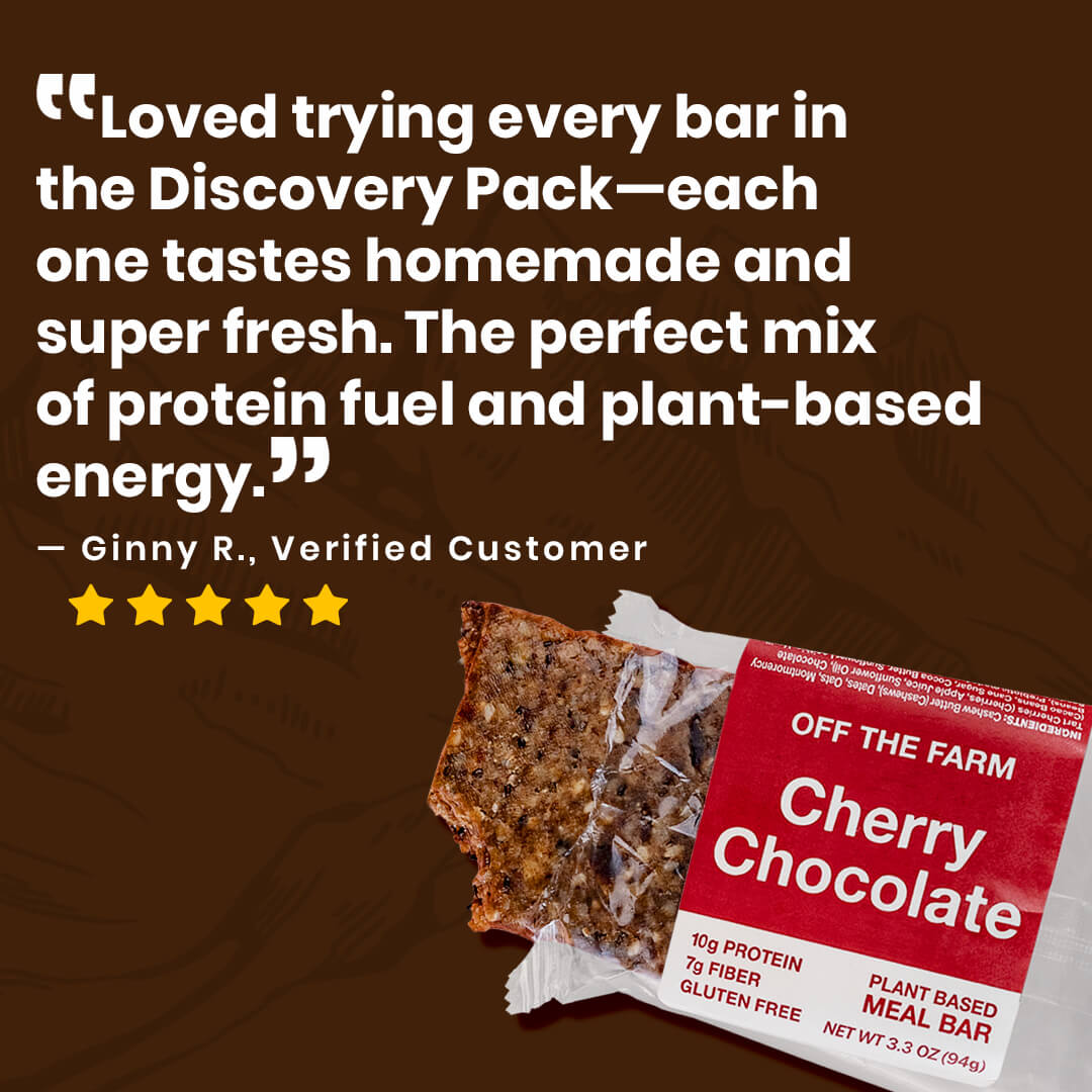 OFF THE FARM cherry chocolate meal bar on a brown background, featuring a customer review.