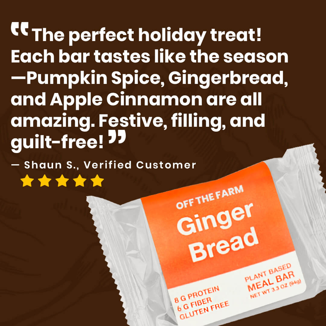 Gingerbread meal bar packaging with customer review on a brown background