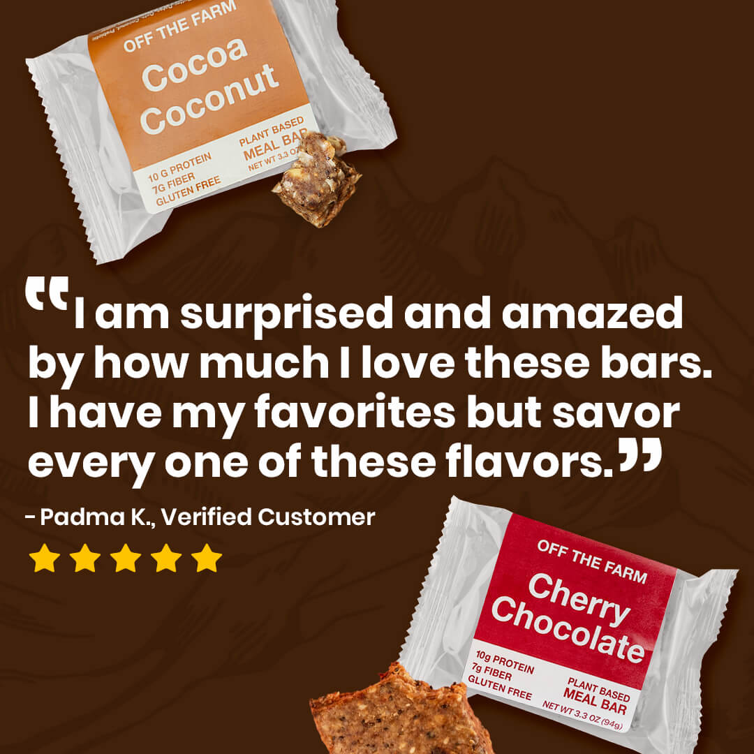 Two meal bars with text and a customer review on a brown background