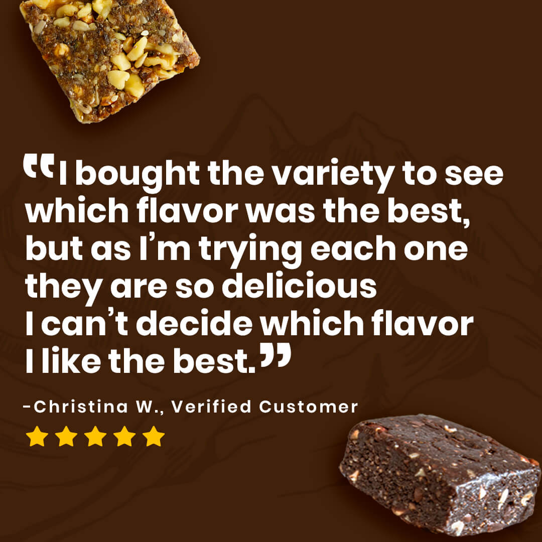 Nuts on a brown background with a quote from a verified customer and two pieces of chocolate bar.