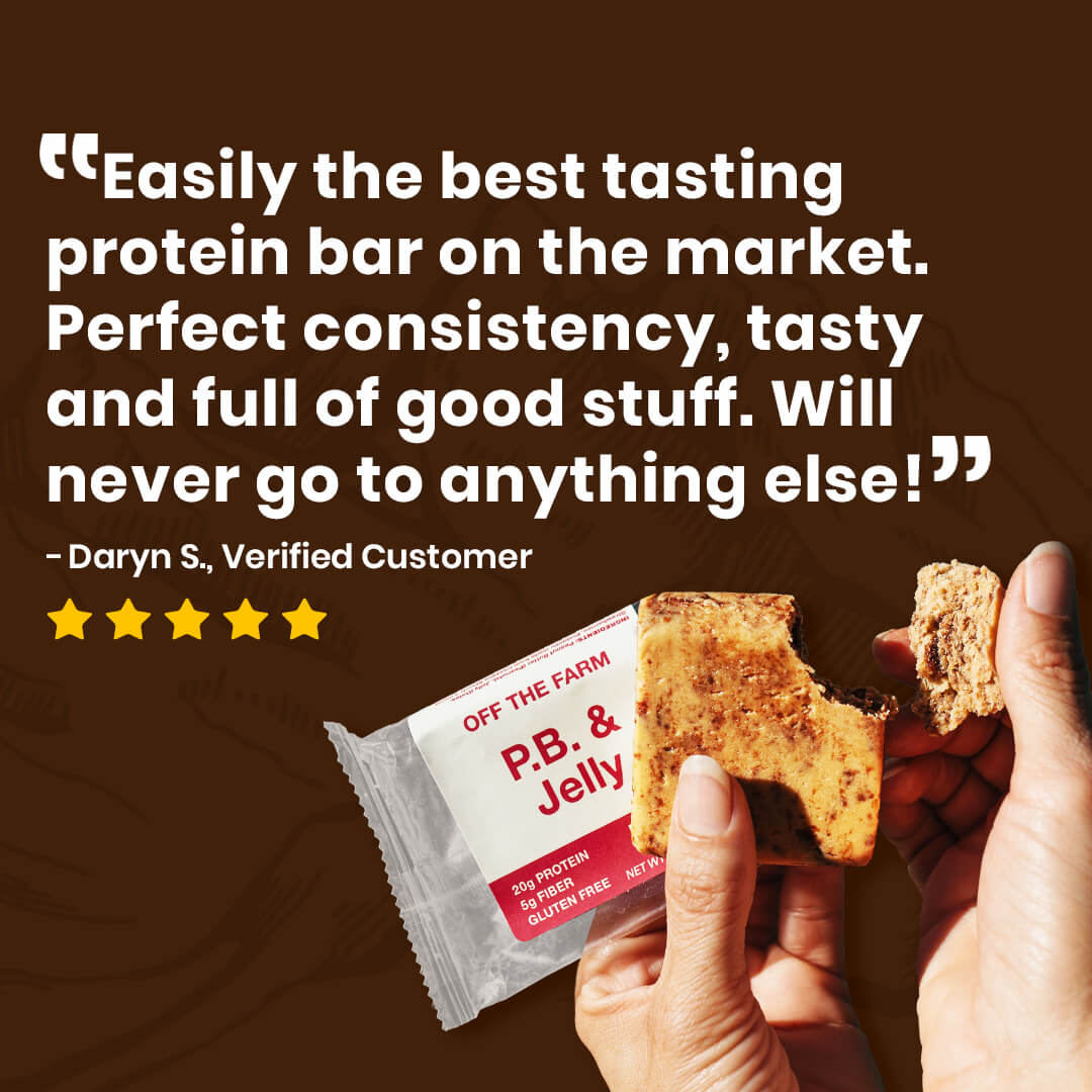 Protein bar with packaging and a customer review on a brown background