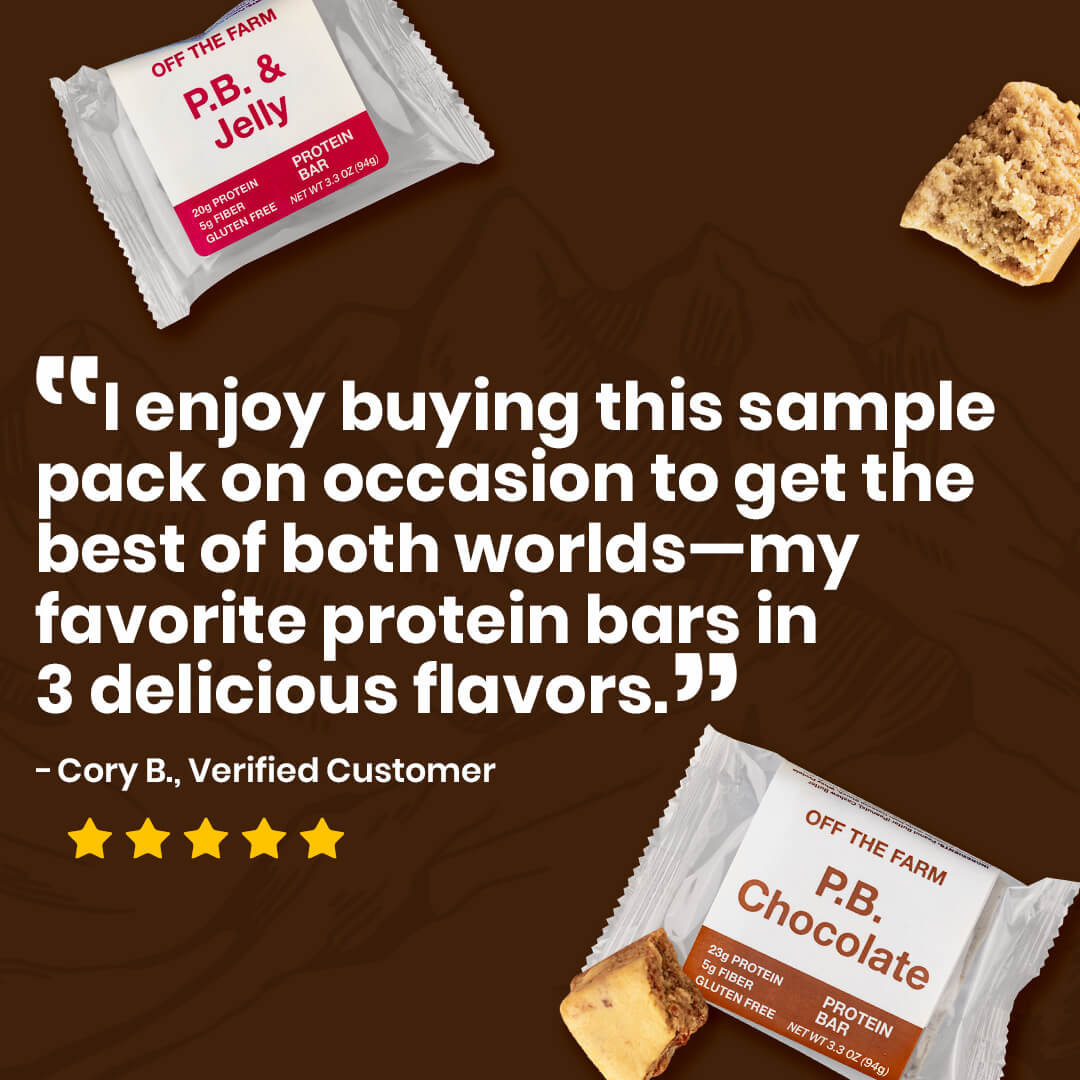 Protein bar packaging with a customer quote on a brown background