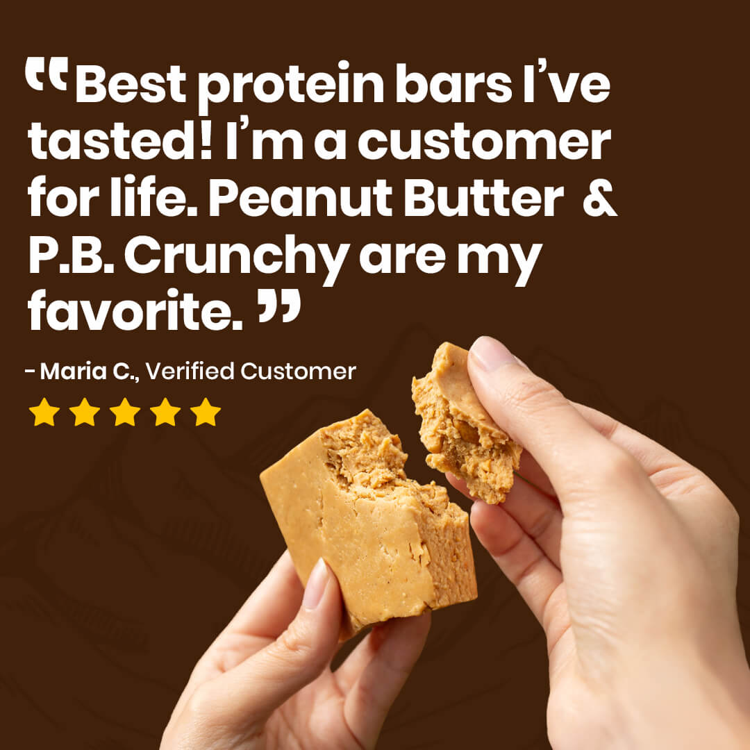 A promotional graphic with a customer quote on a dark brown background and a photo of hands breaking a peanut butter protein bar in half to show the texture. The quote reads, 'Best protein bars I’ve tasted! I’m a customer for life.