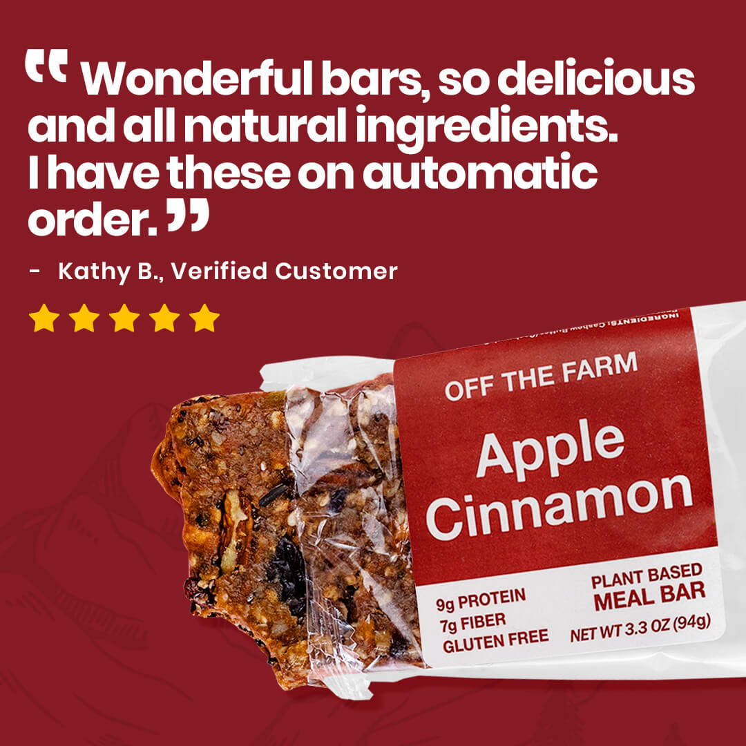 Apple Cinnamon meal bar with customer review on a red background