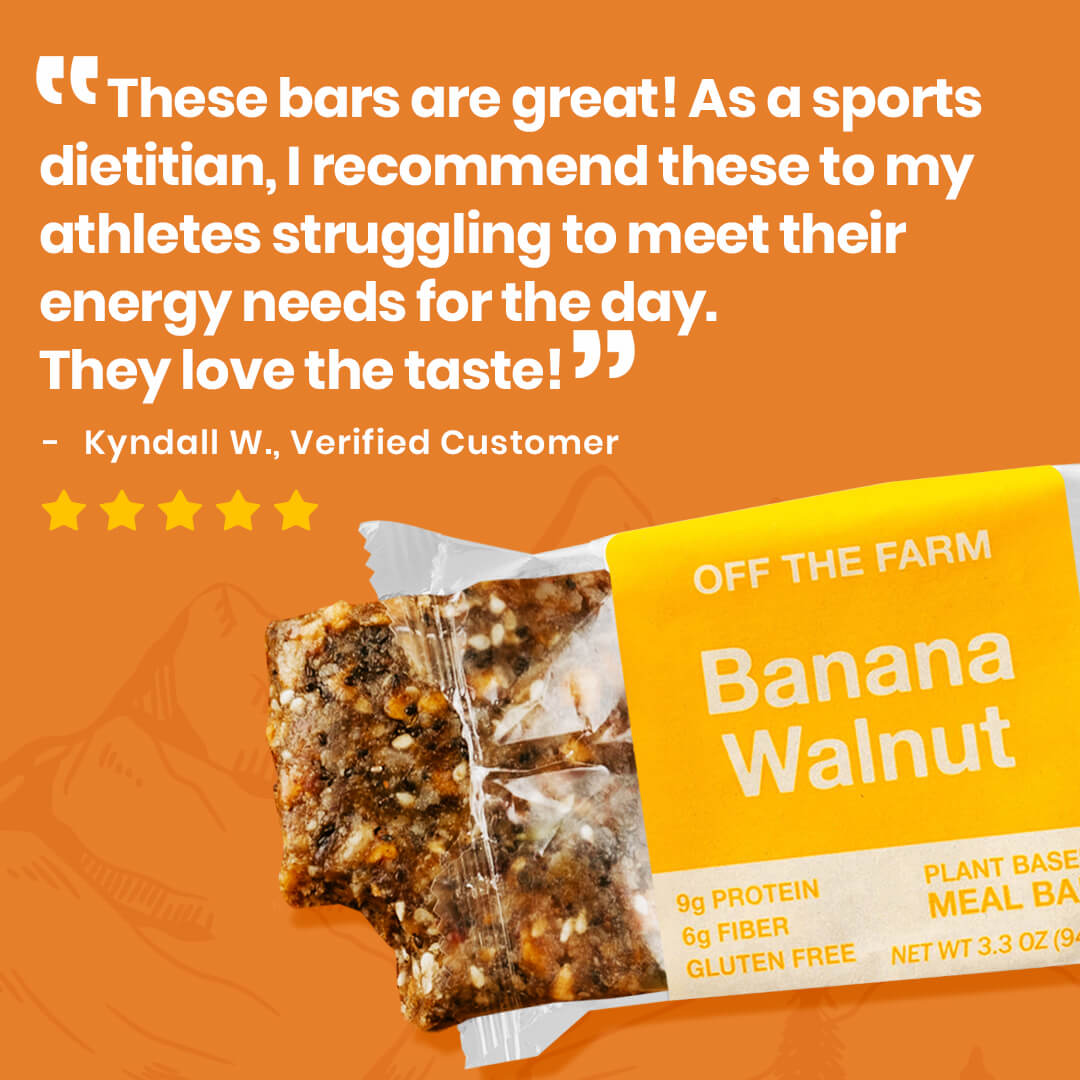 Banana Walnut meal bar packaging with a customer review on an orange background