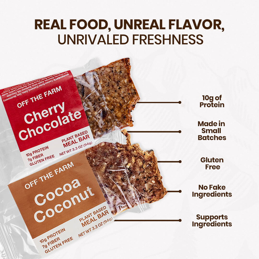 Two plant-based meal bars with text highlighting their features on a white background.