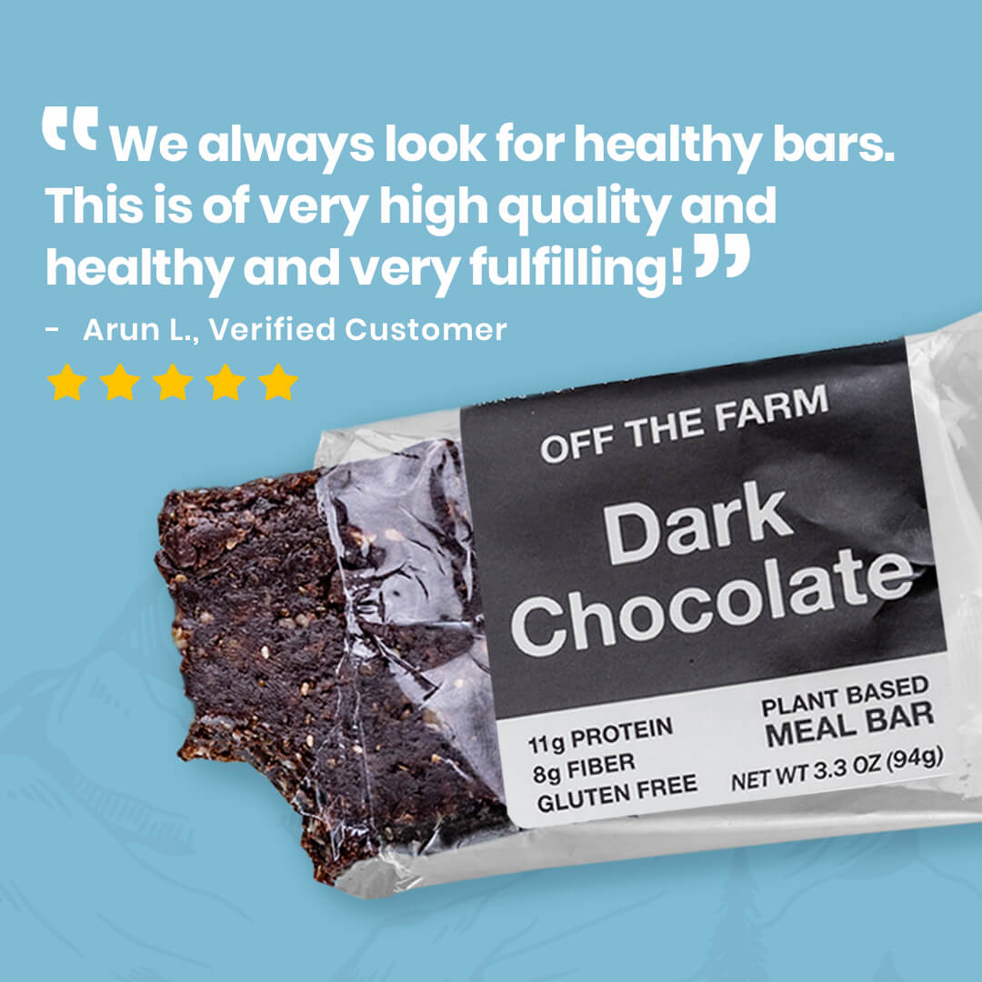 Dark chocolate meal bar with 'Off The Farm' label on a blue background, featuring a customer review.
