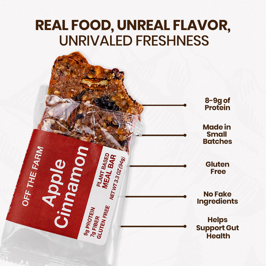 Apple Cinnamon Meal bar packaging with text highlighting features on a white background