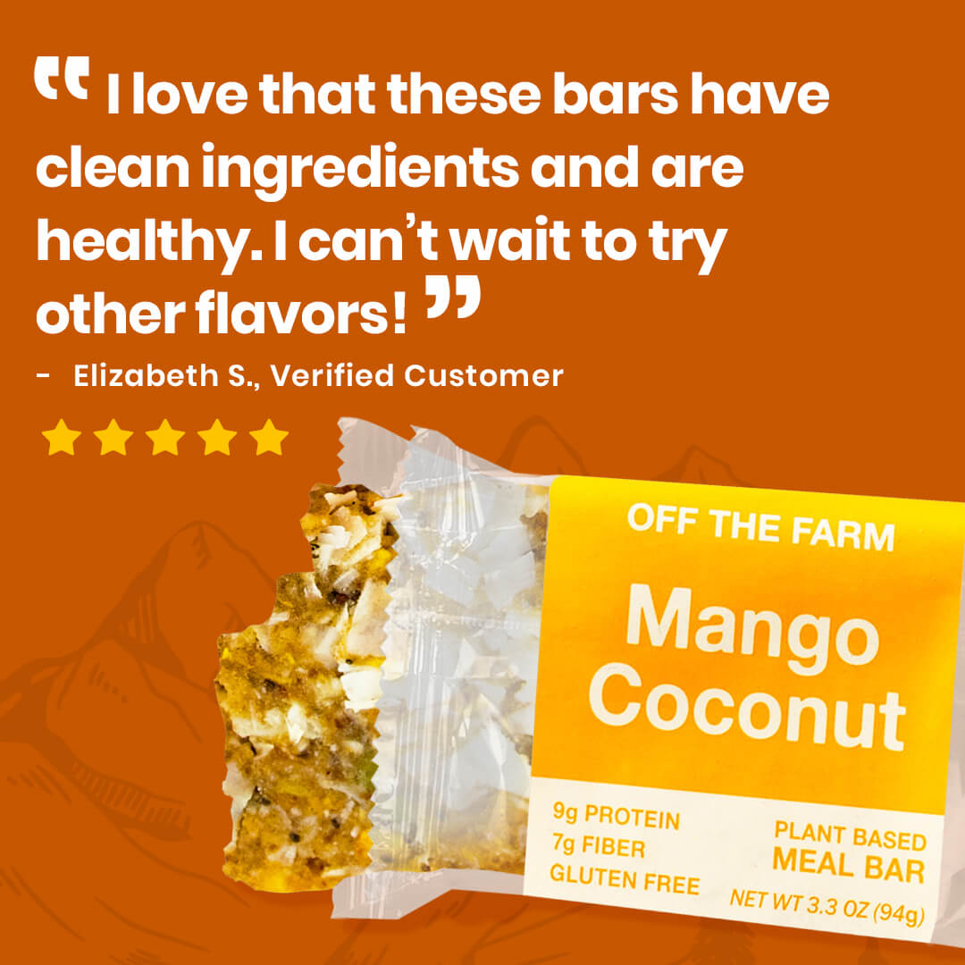 Mango Coconut meal bar packaging with customer review on an orange background