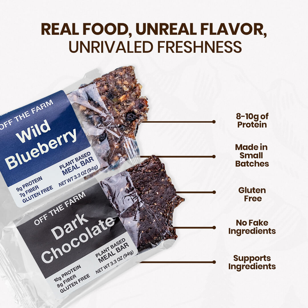 Two plant-based meal bars with text highlighting their features on a white background.