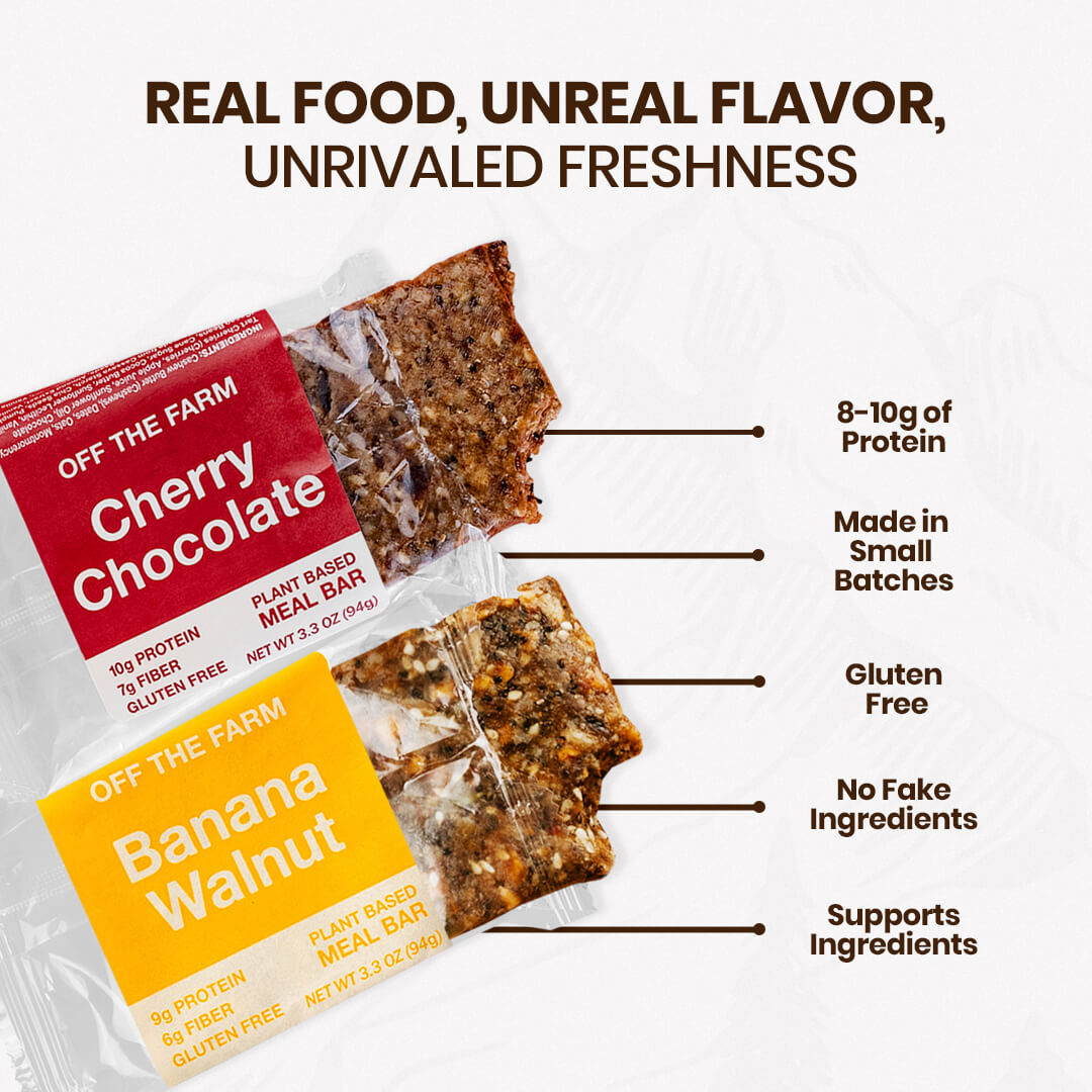 Two plant-based meal bars with cherry chocolate and banana walnut flavors, labeled with product details on a white background.