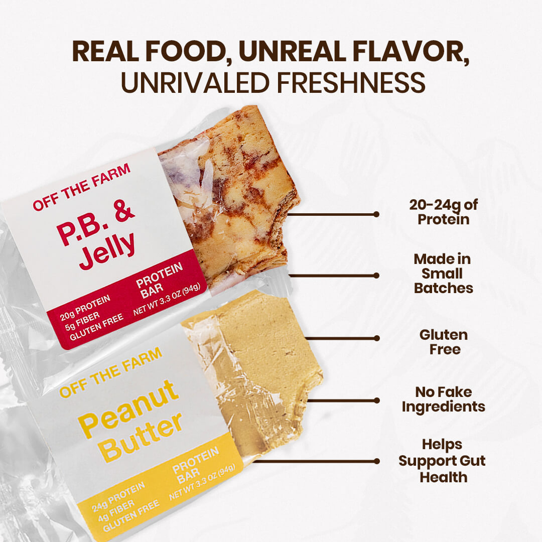 OFF THE FARM Protein Bars with text highlighting features on a white background