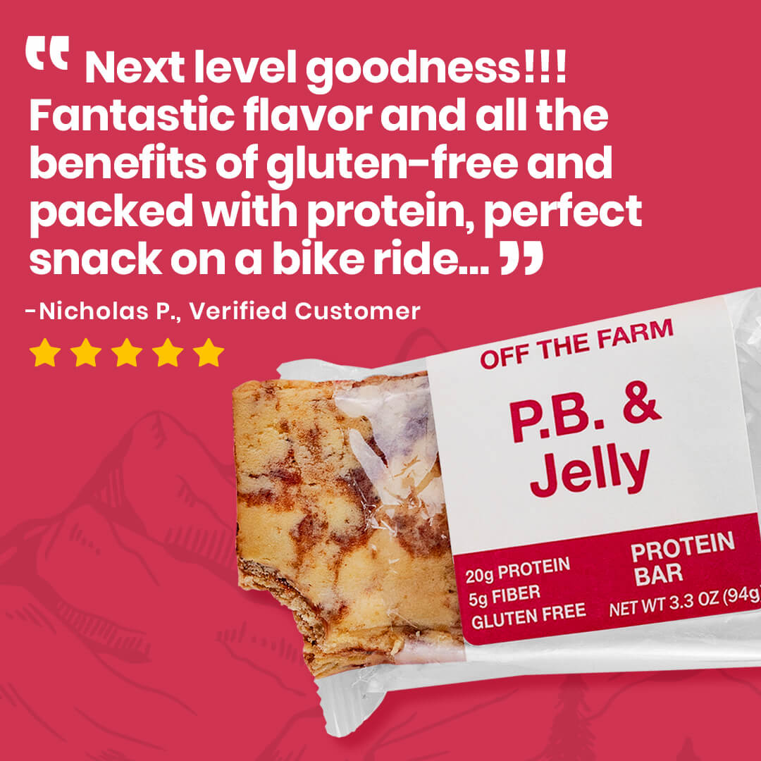 P.B. & Jelly protein bar with customer review on a red background
