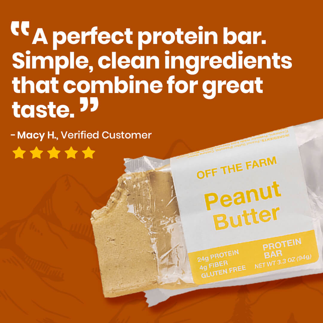 Peanut butter protein bar with packaging on an orange background, featuring a customer review.