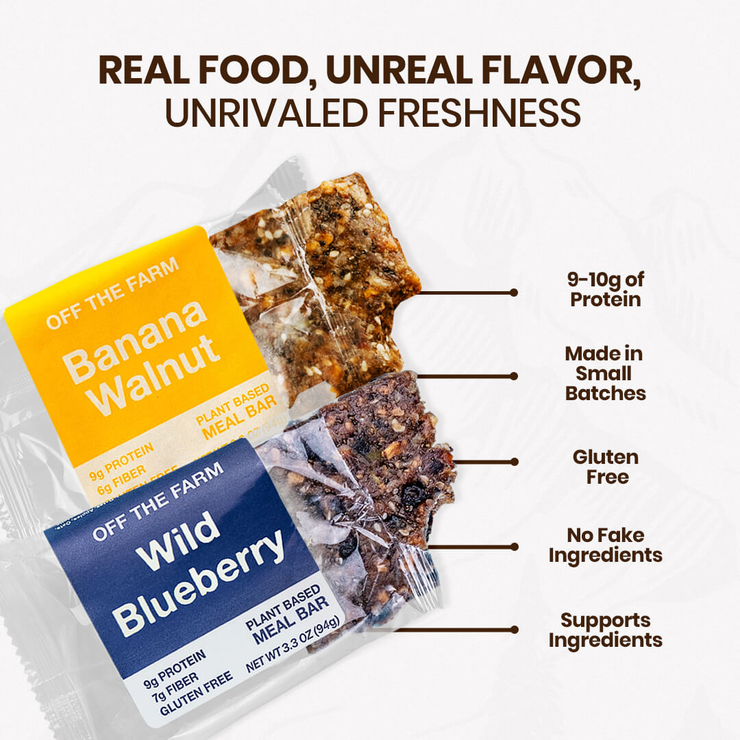 Two plant-based meal bars with labels and text highlighting features on a white background.