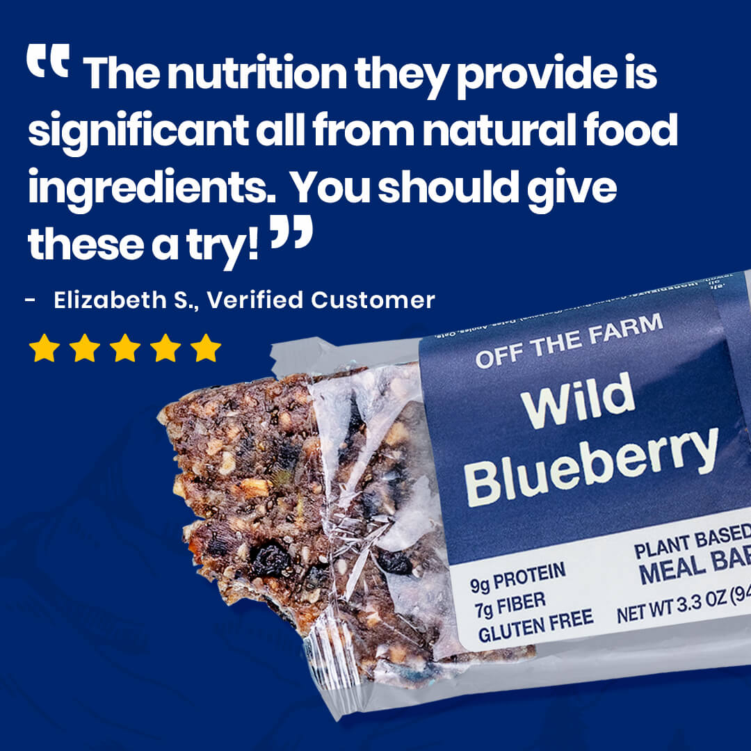 Wild Blueberry meal bar with customer review on a blue background