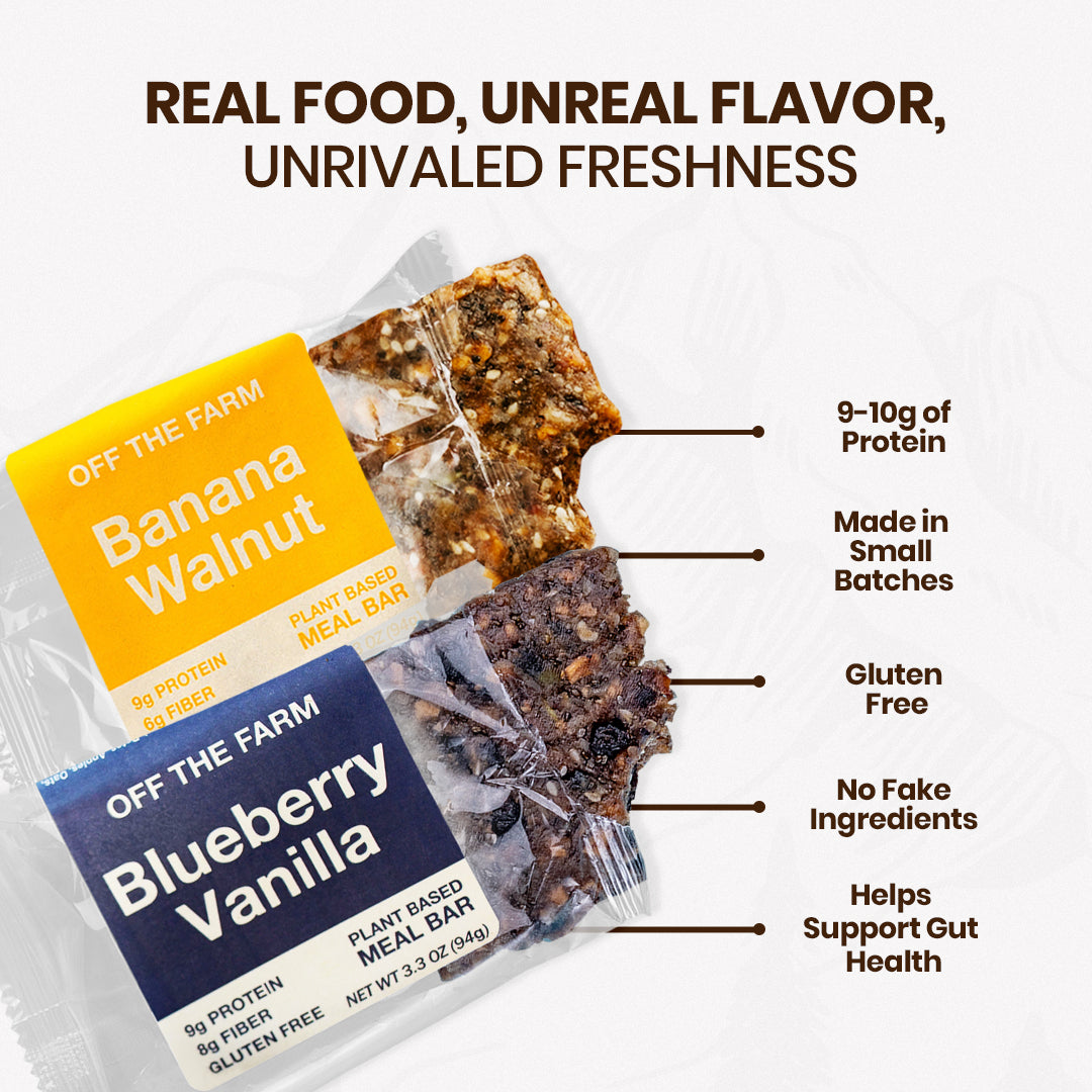 Two plant-based meal bars with labels and text highlighting features on a white background.