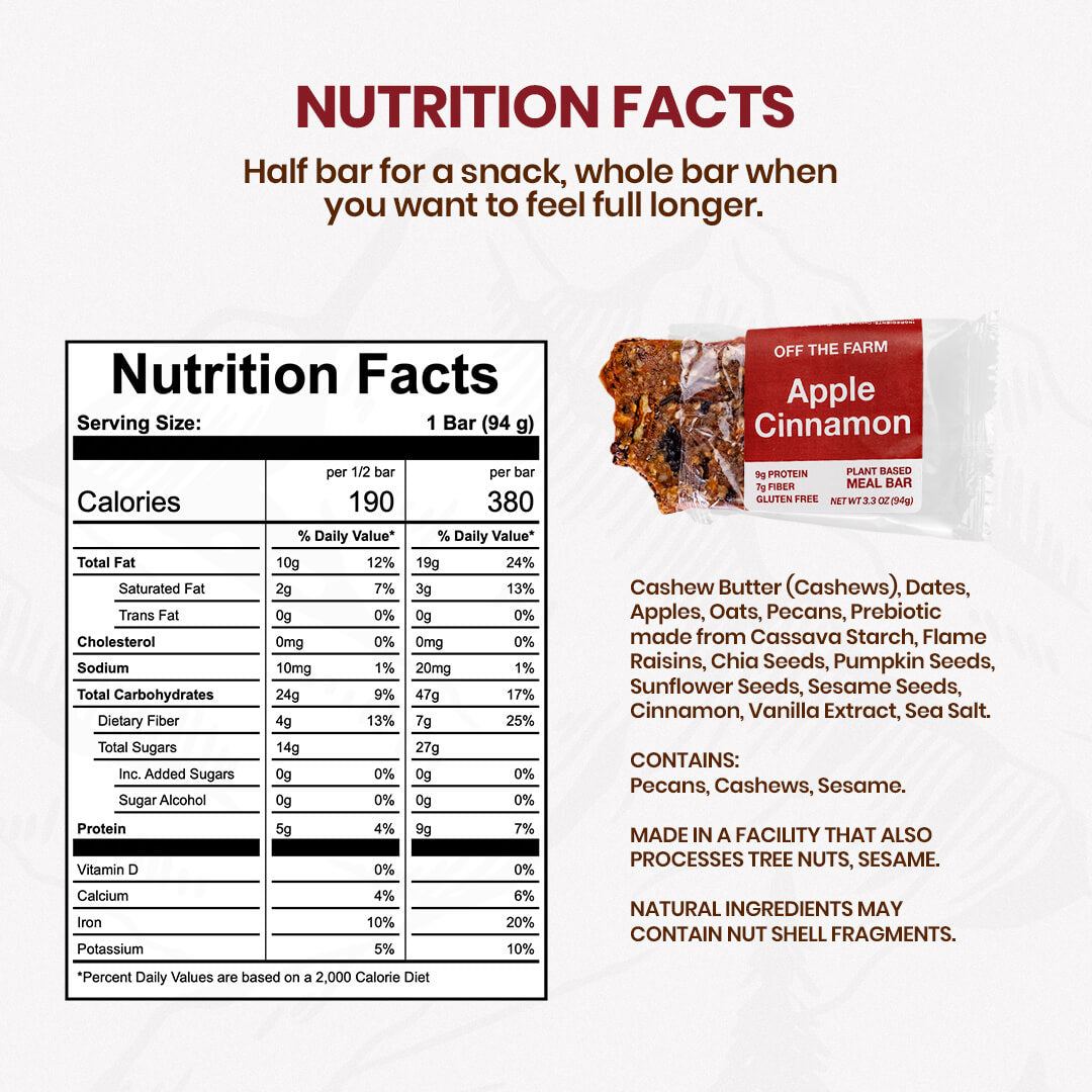 Nutrition facts and ingredients for an Apple cinnamon meal bar with an image of the bar on a white background.