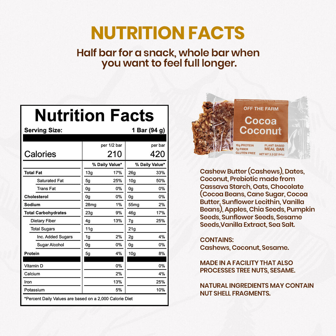 Nutrition facts and ingredients for OFF THE FARM cocoa coconut bar on a white background