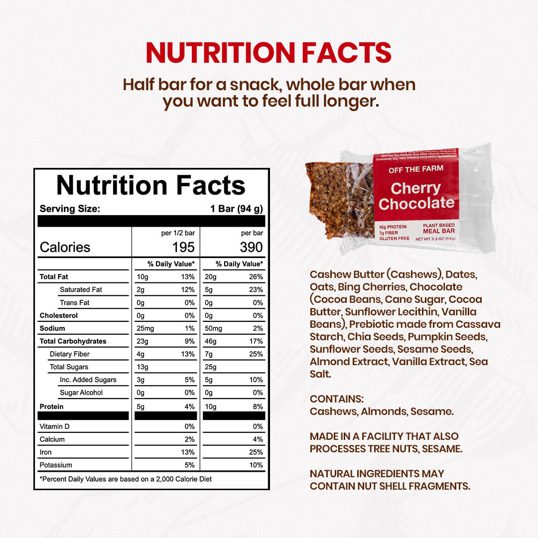 Nutrition facts and ingredients for a cherry chocolate bar with a white background