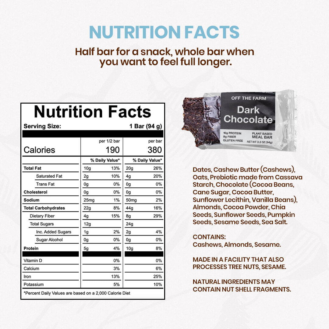 Nutrition facts and ingredients for a dark chocolate meal bar.