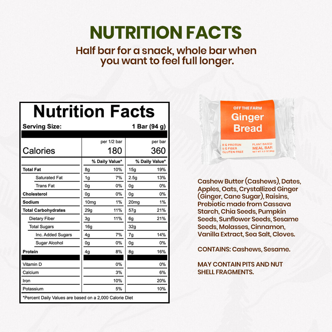 Nutrition facts label and a package of Gingerbread meal bar on a white background