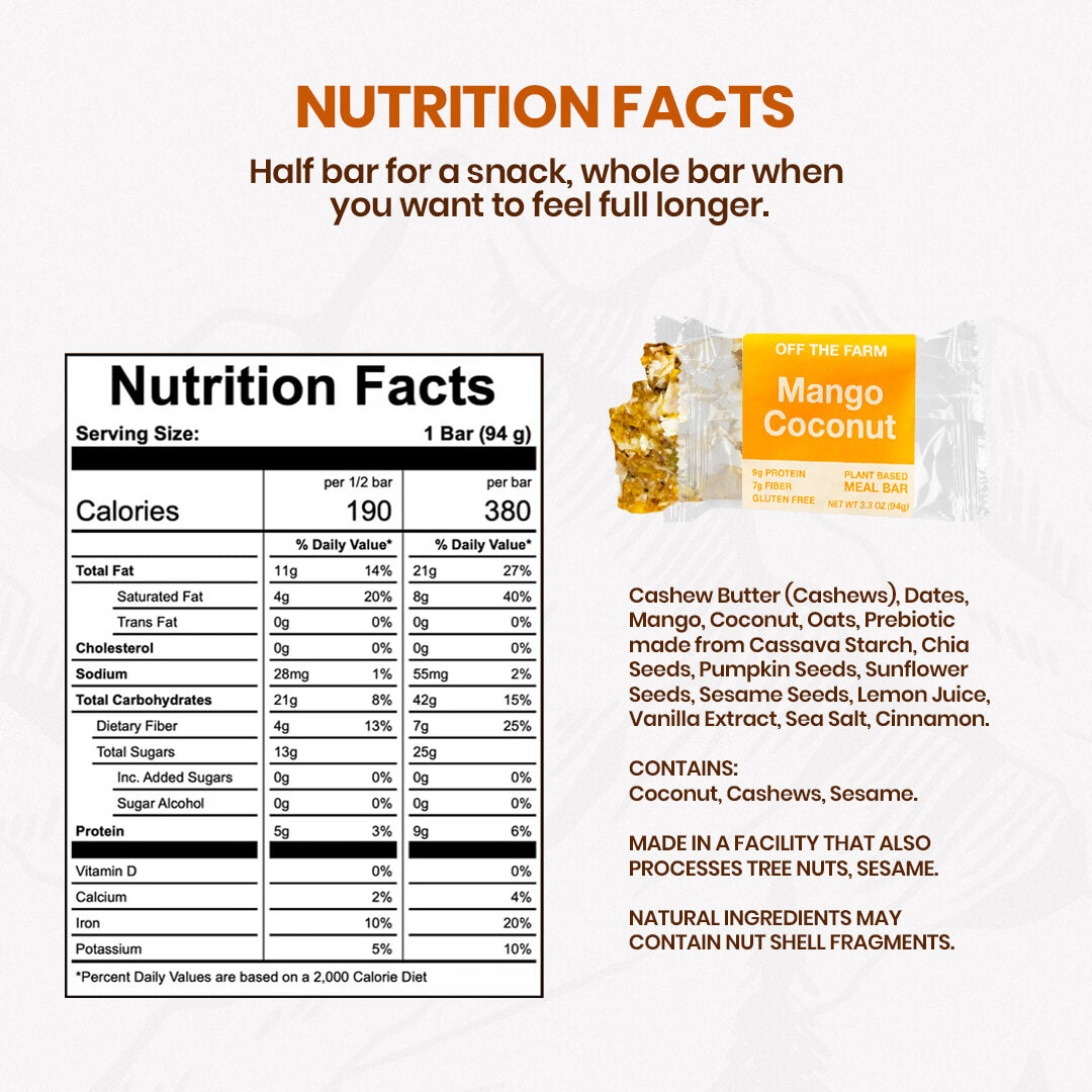 Nutrition facts and ingredients for a Mango Coconut flavored bar with a white background
