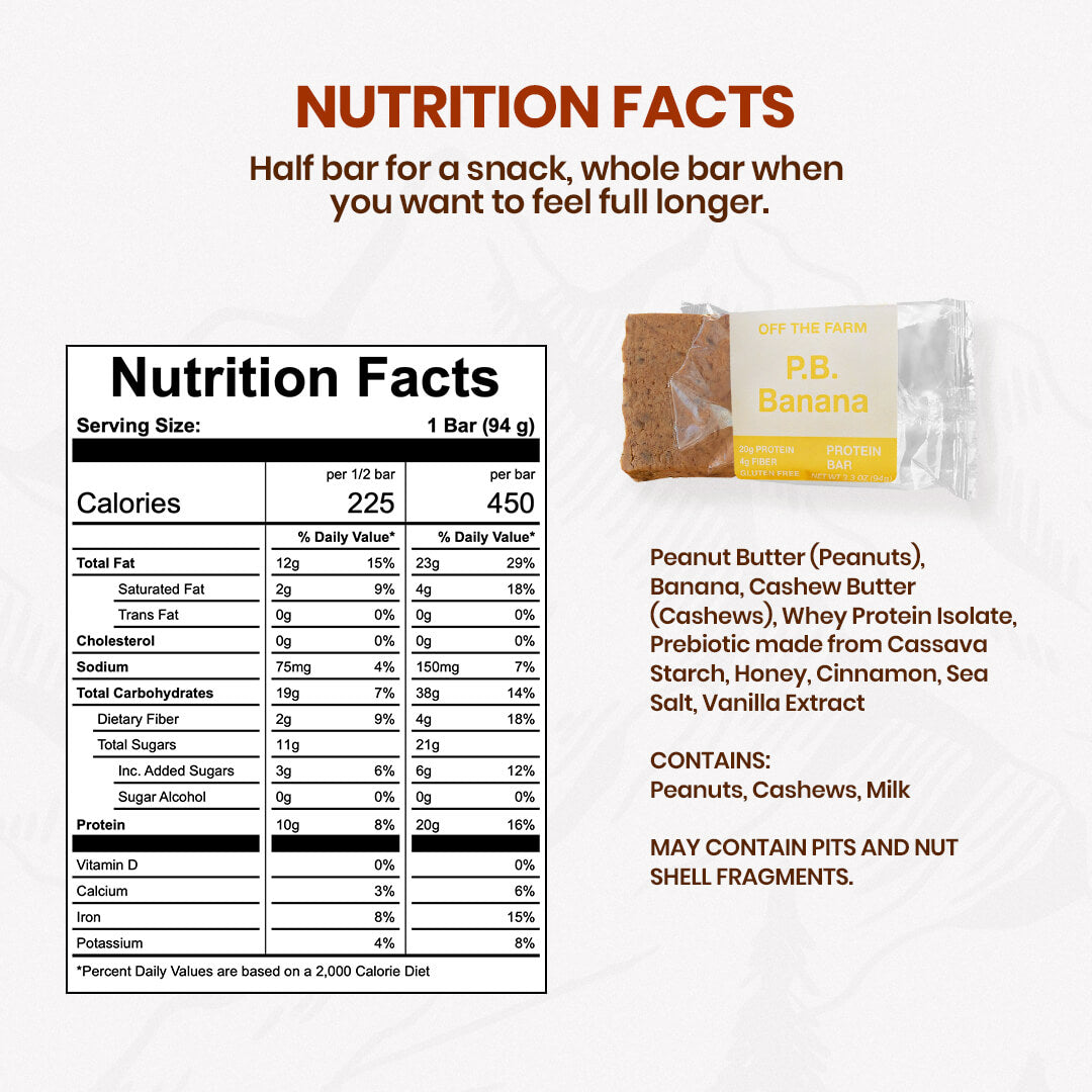 Nutrition facts label and package of a P.B. Banana bar on a white background