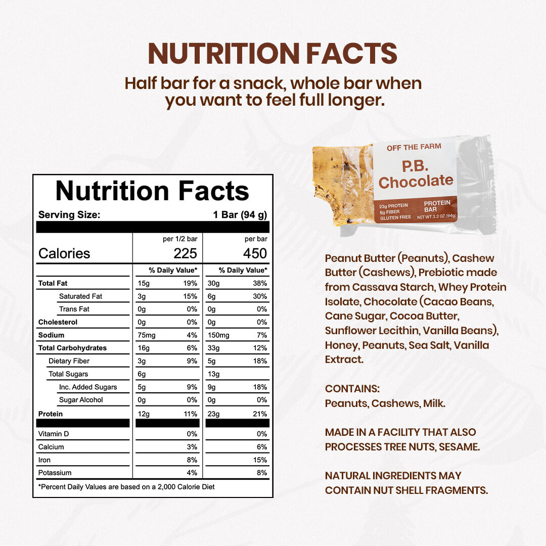 Nutrition facts label and ingredients for P.B. Chocolate protein bar on a white background