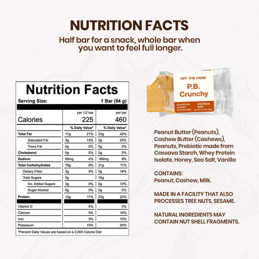Nutrition facts label and package of a P.B. Crunchy bar with ingredients listed.