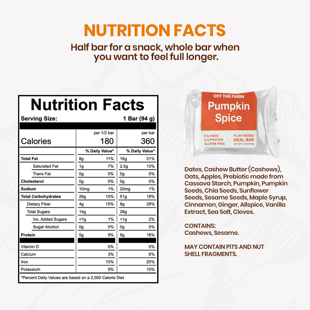 Nutrition facts label and pumpkin spice meal bar packaging on a white background