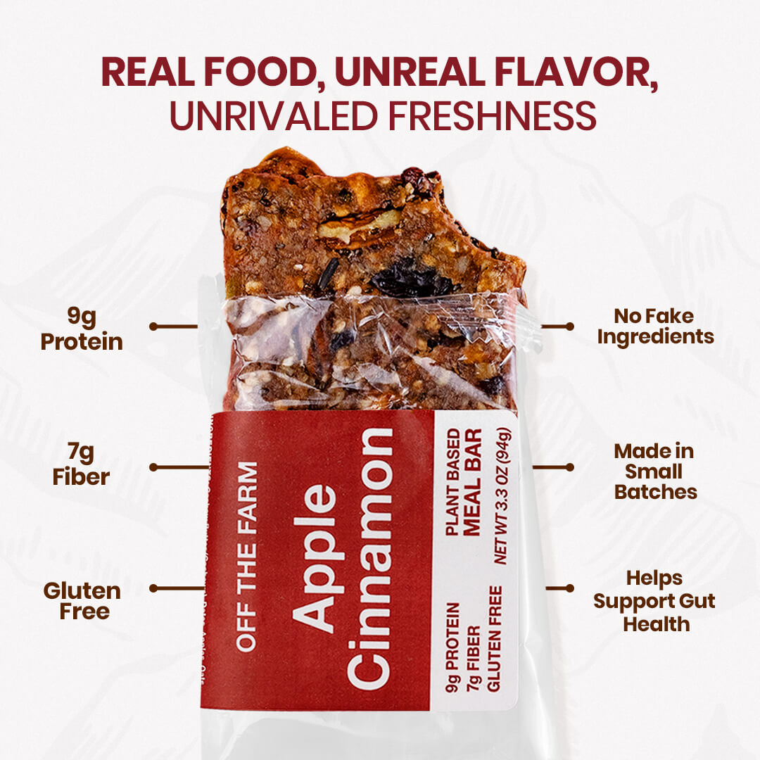 Plant-based meal bar packaging with nutritional information and branding details.