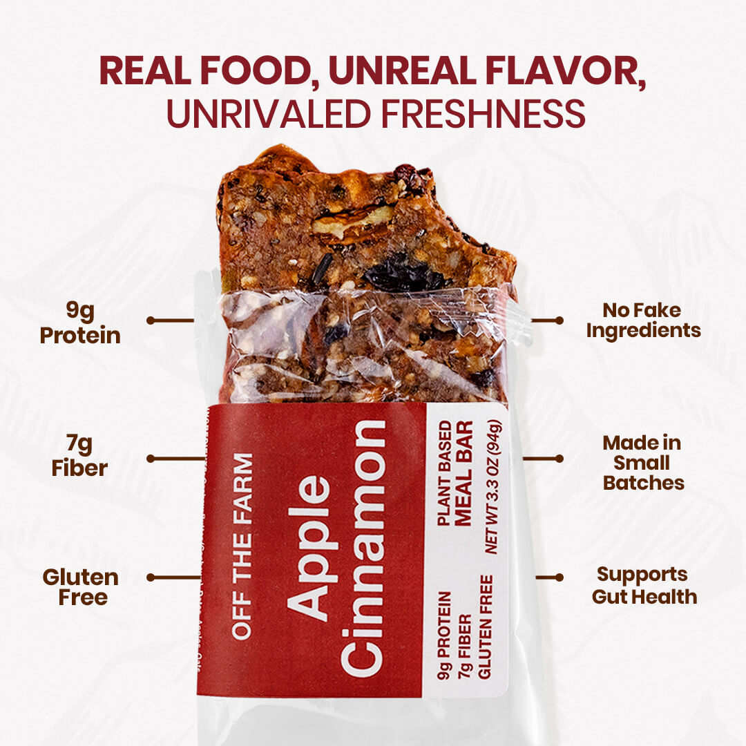 Plant-based meal bar packaging with text highlighting features on a white background