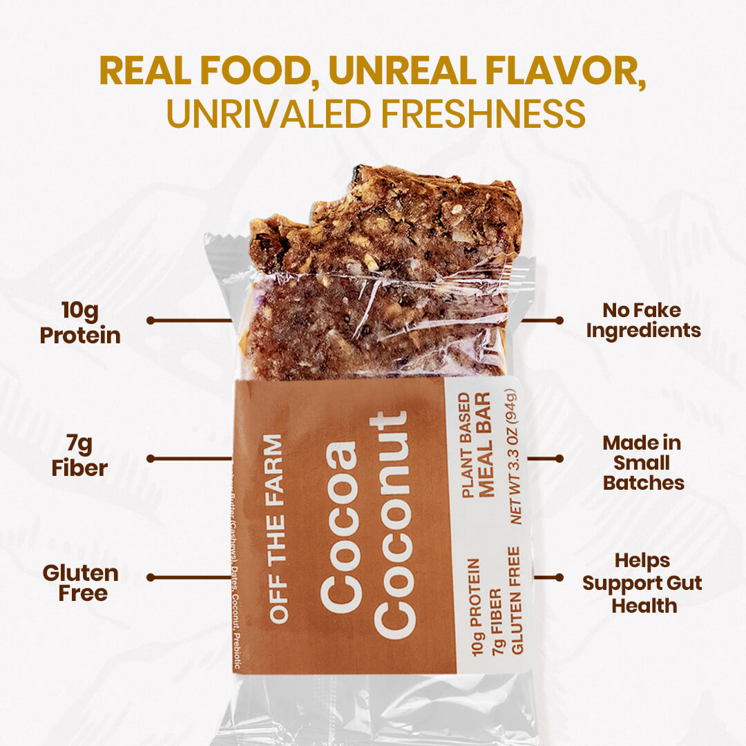 Cocoa Coconut meal bar packaging with nutritional information on a white background