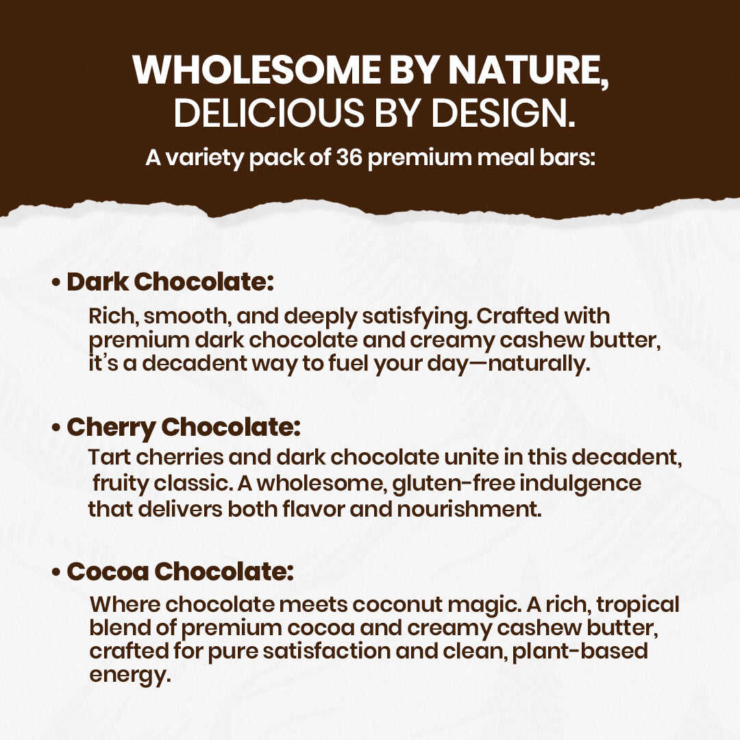 Product description of premium meal bars with different chocolate flavors on a white background.