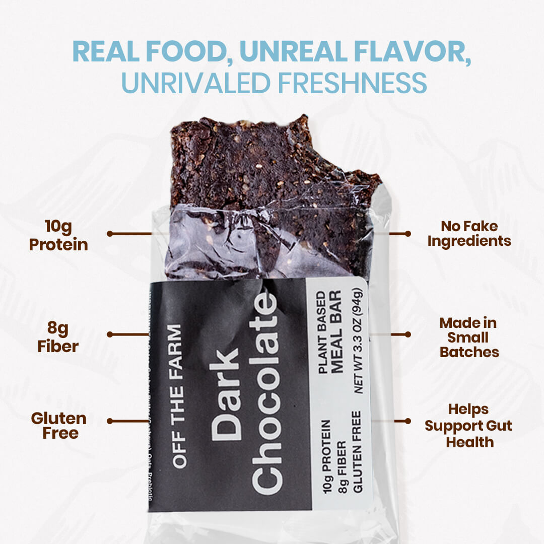 Dark chocolate plant-based meal bar packaging with nutritional information and benefits on a white background.