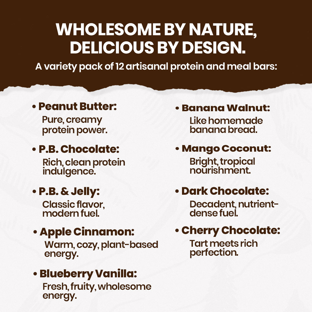 Product description of protein and meal bars with flavors listed on a brown and white background.