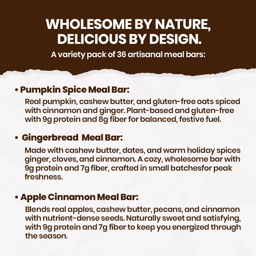 Product description of pumpkin spice, gingerbread, and apple cinnamon meal bars with a brown and white background.