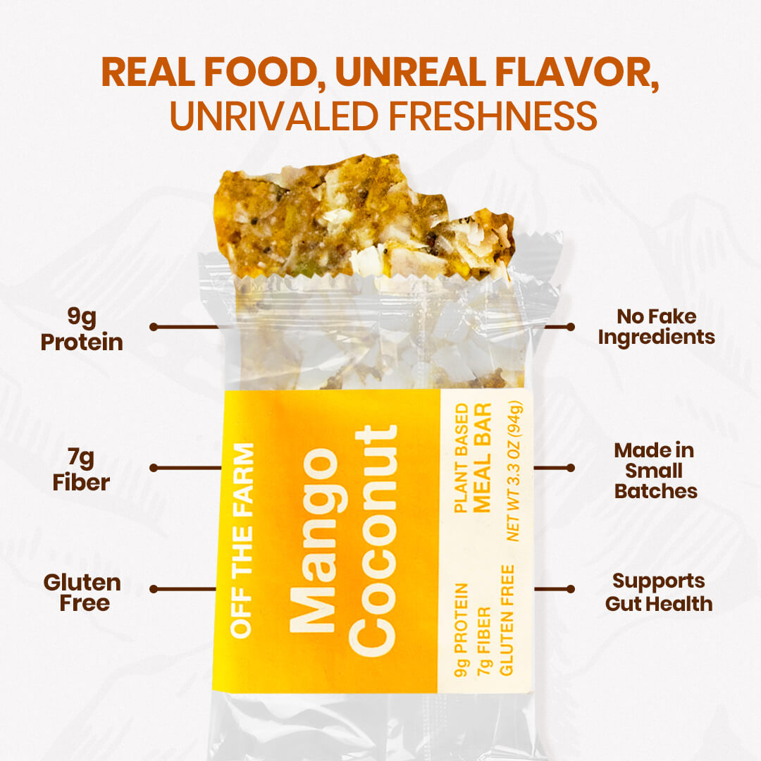 Mango Coconut meal bar packaging with nutritional information and product features on a white background