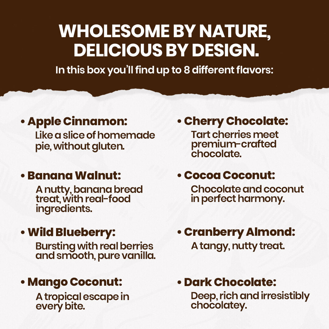 Product packaging with flavor descriptions on a white background