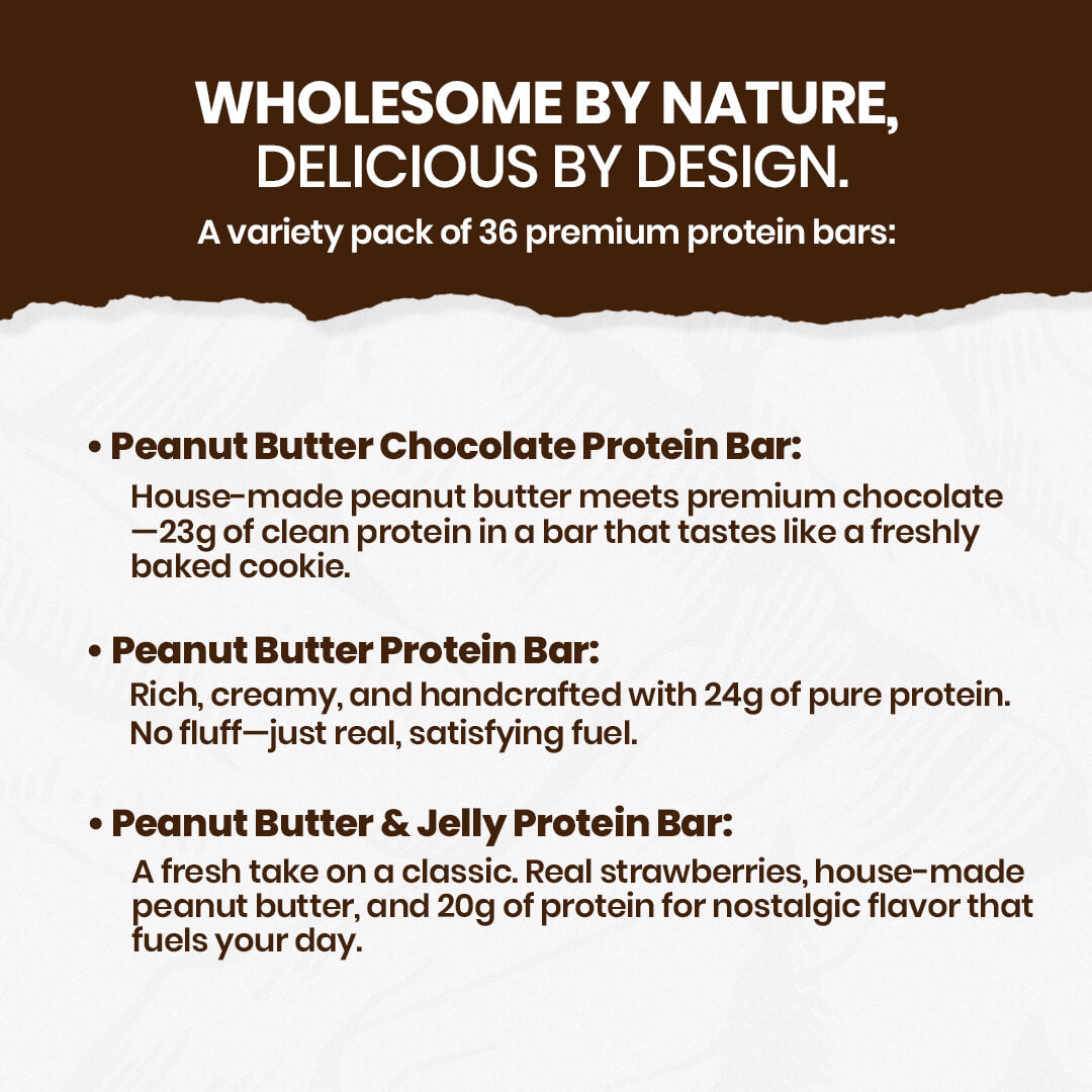 Protein bar advertisement with product details on a brown and white background