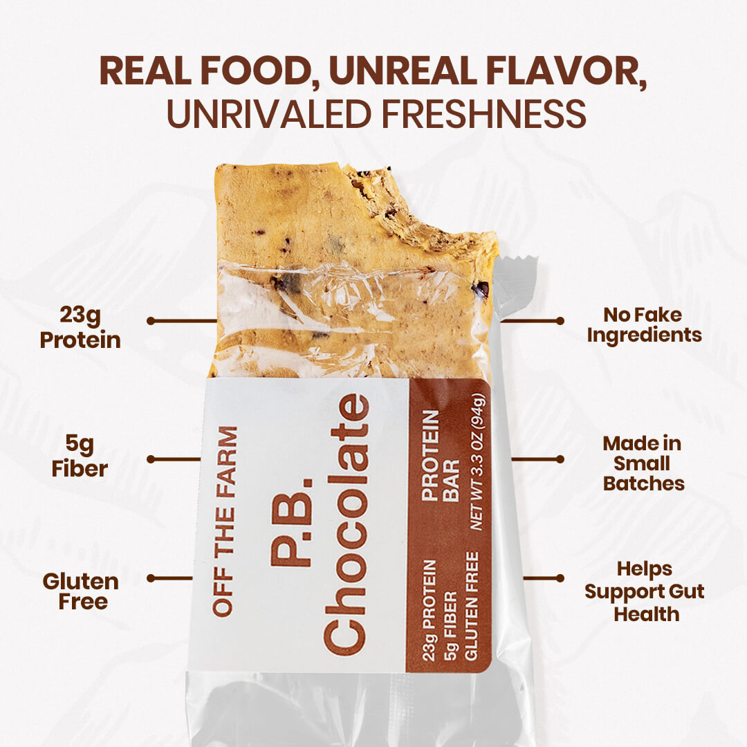 OFF THE FARM P.B. Chocolate protein bar with nutritional information and product features on a white background.