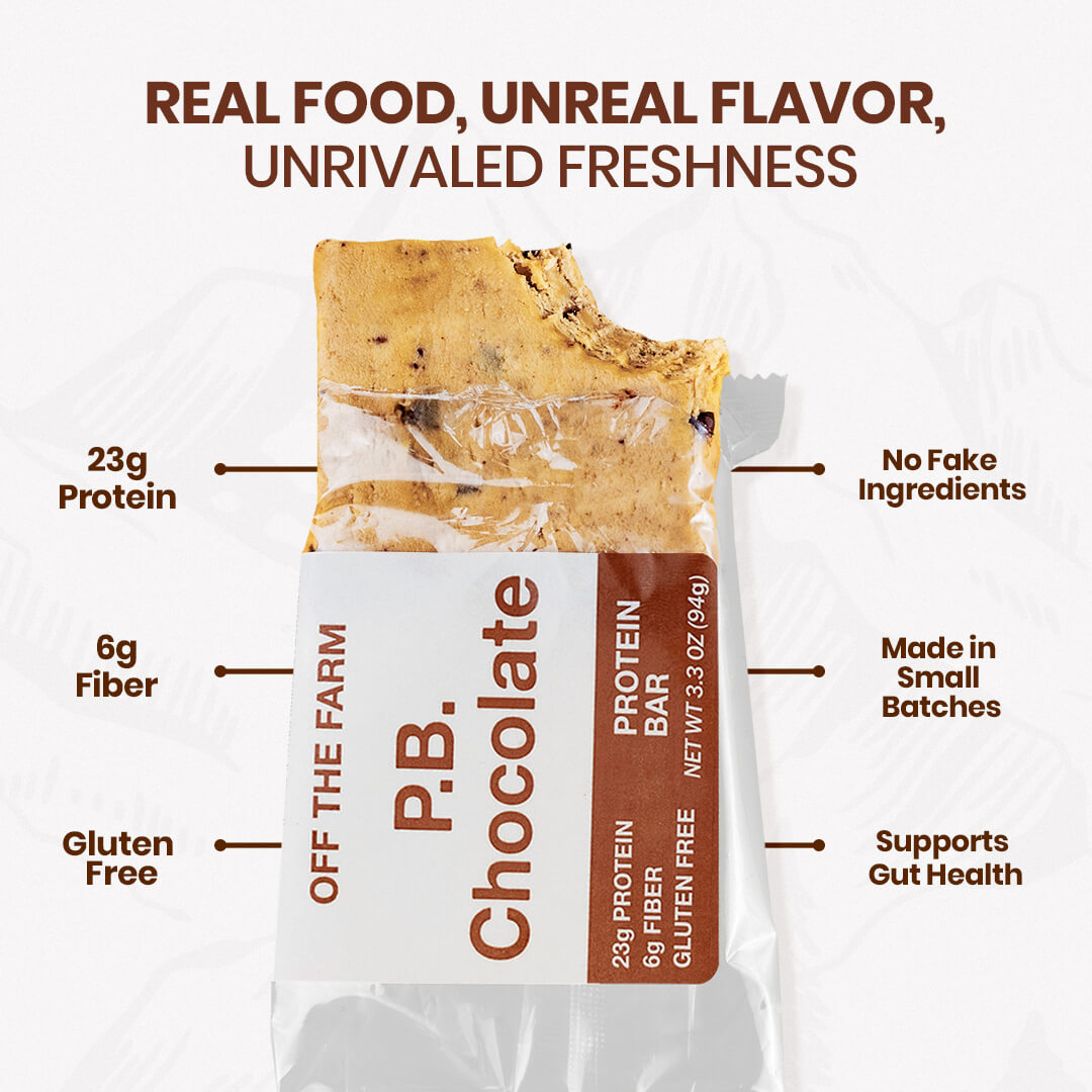 P.B. Chocolate protein bar packaging with nutritional information and quality claims on a white background