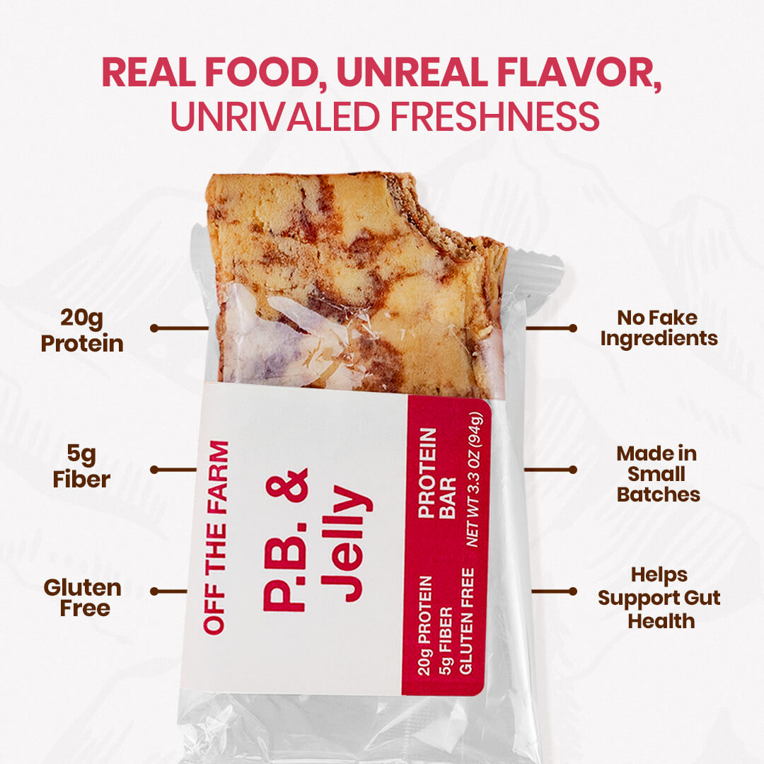 P.B. & Jelly protein bar packaging with text highlighting features on a white background