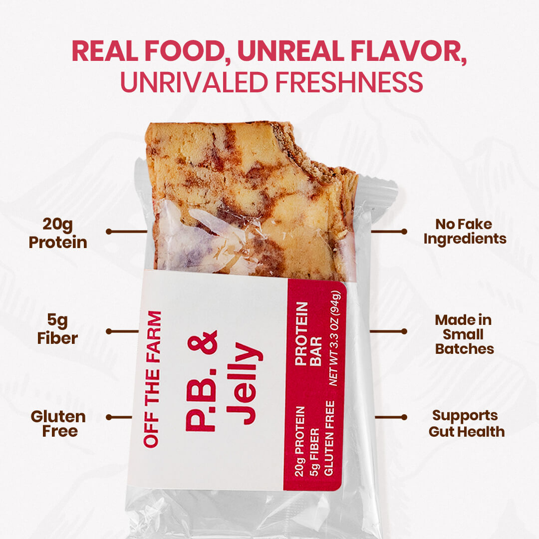 Protein bar packaging with branding and health benefits highlighted