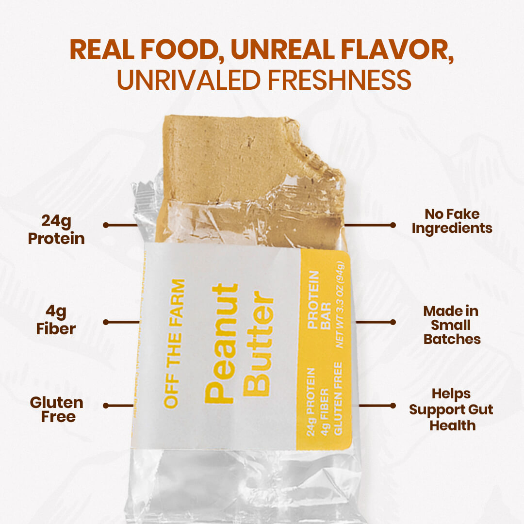 OFF THE FARM Peanut butter protein bar packaging with nutritional information on a white background