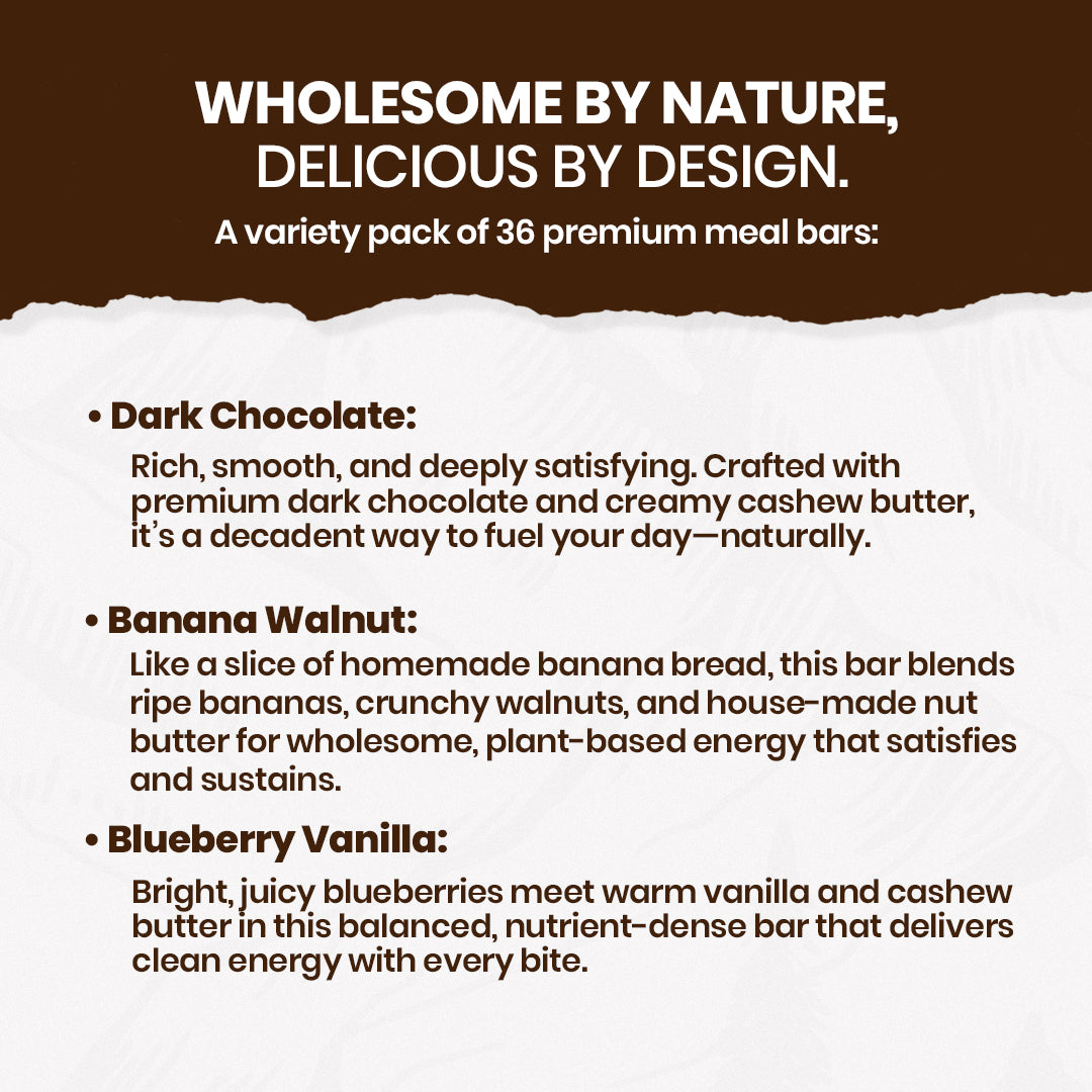 Product description of meal bars with flavors and features on a brown and white background.