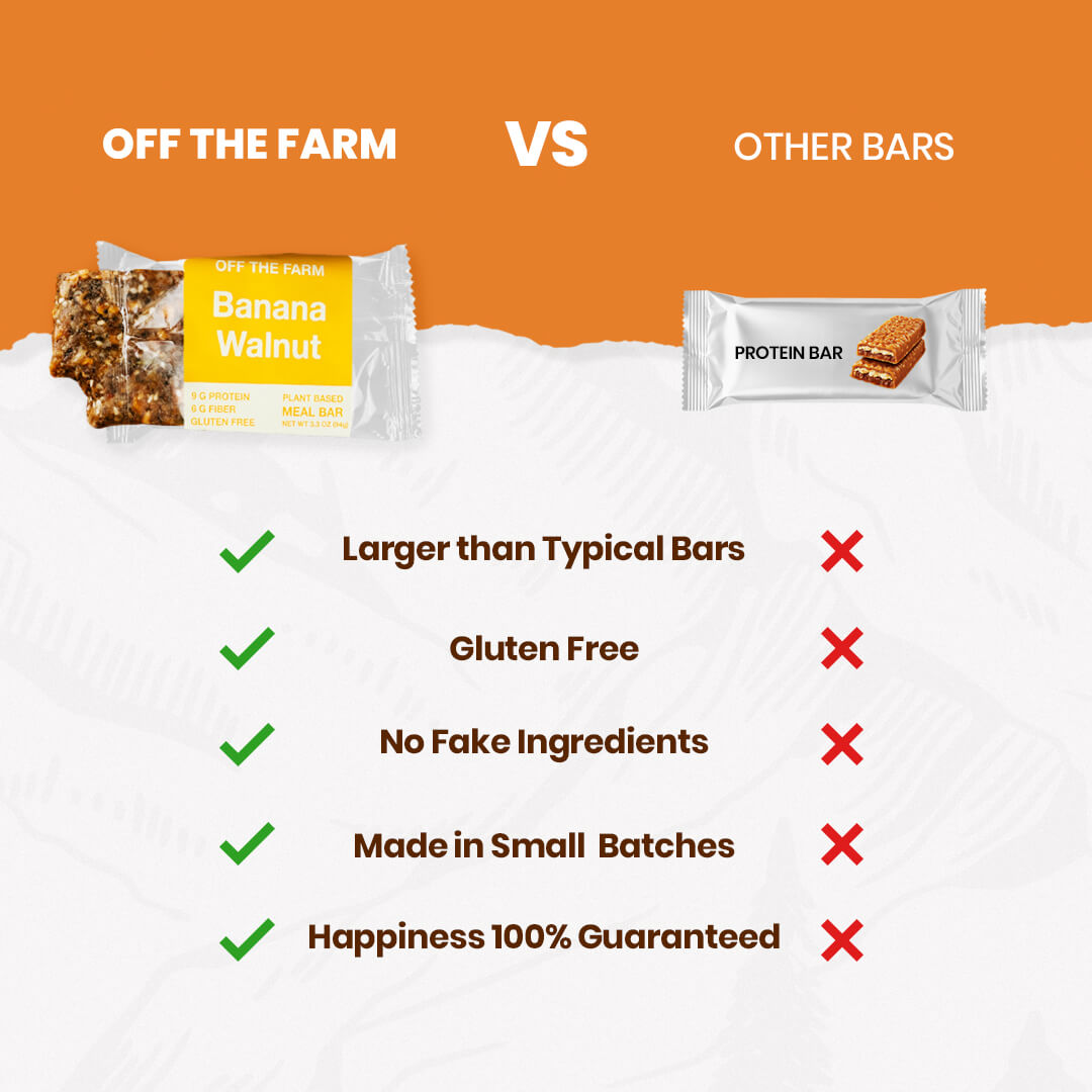 Comparison chart of 'Off The Farm' banana walnut bar versus other protein bars on an orange and white background.
